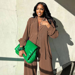 QFAF Fashion Pleated Women's Set Long Sleeve Oversized Shirt and Wide Leg Pants 2023 Elegant Tracksuit Two 2 Piece Set Outfits SHOWLU FASHION STORE