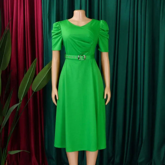 Women Pleated A Line Dresses V Neck Short Sleeves Classy Elegant Office Modest African Female Church Dress Spring Fashion 2025 SHOWLU FASHION STORE