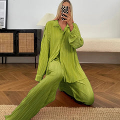 QFAF Fashion Pleated Women's Set Long Sleeve Oversized Shirt and Wide Leg Pants 2023 Elegant Tracksuit Two 2 Piece Set Outfits SHOWLU FASHION STORE