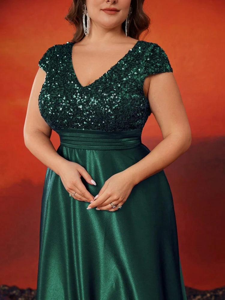 Plus Size Elegant V-Neck Green Sequins Evening Dress Long Luxury Women Satin Short Sleeves Wedding Party Prom Cocktail Gowns SHOWLU FASHION STORE