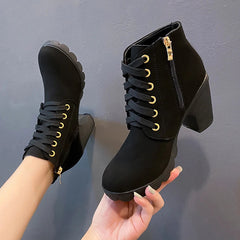 New Spring Winter Women Pumps Boots High Quality Lace-up European Ladies Shoes PU High Heels Boots Fast Delivery Platform Boots SHOWLU FASHION STORE