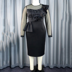Elegant Dresses Woman 2024 Luxury O Neck Transparent Beaded Ruffles Full Sleeve Sheath Package Hips Mid Calf Birthday Party Robe SHOWLU FASHION STORE