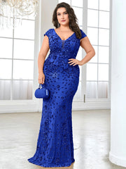Lucyinlove Plus Size Elegant Blue Evening Dress For Women 2024 Luxury Long Mermaid Formal Sequins V-neck Prom Wedding Party Gown SHOWLU FASHION STORE