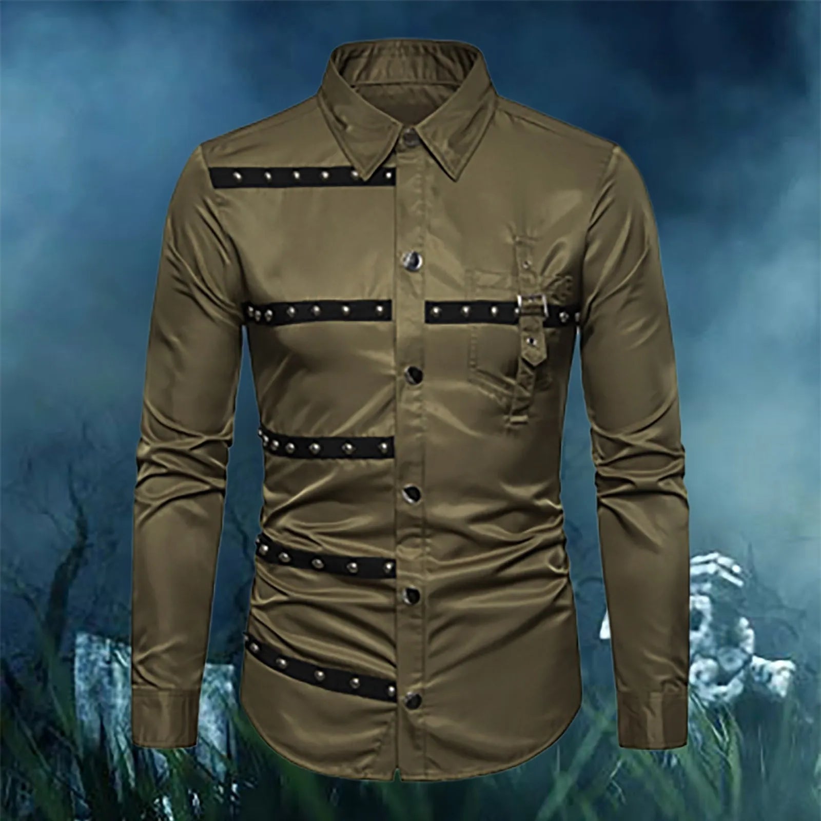 Gothic Studded Men'S Long Sleeve Shirt Halloween Medieval Belt Black Shirt Classic Vintage Party Performance Men'S Clothing SHOWLU FASHION STORE