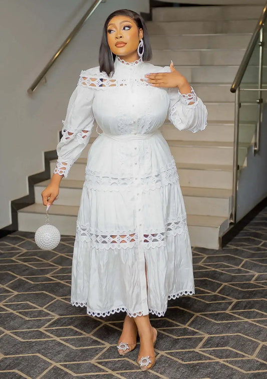 2024 Hot Style Women Dress Plus Size 5XL Hollow Out Lace Patchwork Solid Color Round Neck Long Dress Pearls Belt Buttons Gowns SHOWLU FASHION STORE
