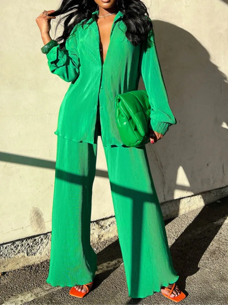 QFAF Fashion Pleated Women's Set Long Sleeve Oversized Shirt and Wide Leg Pants 2023 Elegant Tracksuit Two 2 Piece Set Outfits SHOWLU FASHION STORE