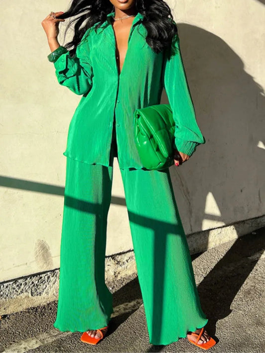 QFAF Fashion Pleated Women's Set Long Sleeve Oversized Shirt and Wide Leg Pants 2023 Elegant Tracksuit Two 2 Piece Set Outfits SHOWLU FASHION STORE