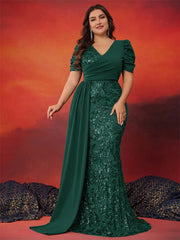 BLUEPLUM Plus Size Elegant V-neck Sequins Evening Dress Women Short Sleeves Mermaid Formal Luxury Party Streamer Prom Dress SHOWLU FASHION STORE