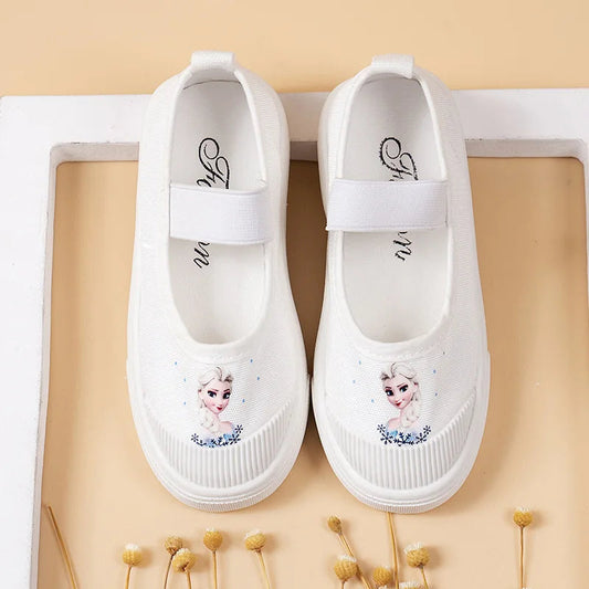 Disney Girls' Indoor Shoes Canvas Shoes Children's Shoes Soft Sole Non Slip Princess Elsa Little White Shoes Size 24-35