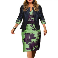2 Pcs/Set Women Coat Dress Suits Set Floral Print Sheath Midi Dress Open Stitch Dress Suit Jacket Women Outfit Set SHOWLU FASHION STORE