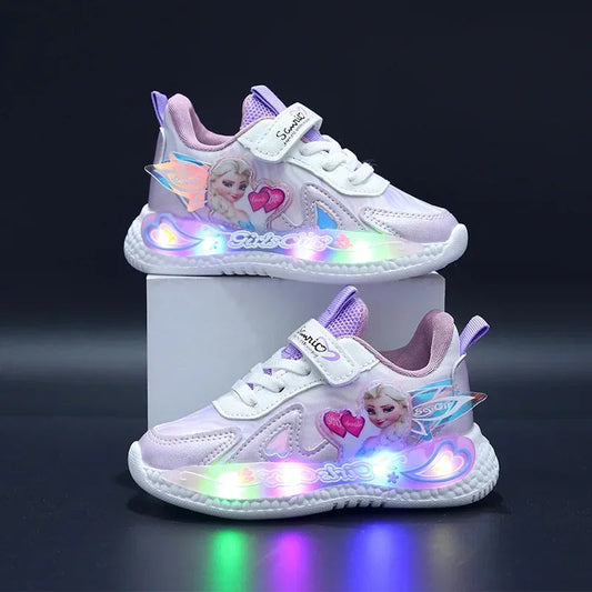 Disney LED Casual Sneakers Pink Purple For Summer Girls Frozen Elsa Princess Print Outdoor Shoes Children Lighted Non-slip Shoes SHOWLU FASHION STORE