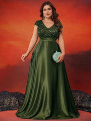 Plus Size Elegant V-Neck Green Sequins Evening Dress Long Luxury Women Satin Short Sleeves Wedding Party Prom Cocktail Gowns SHOWLU FASHION STORE