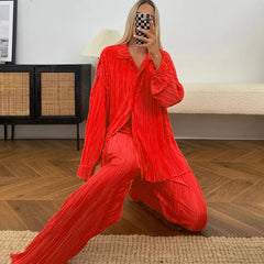 QFAF Fashion Pleated Women's Set Long Sleeve Oversized Shirt and Wide Leg Pants 2023 Elegant Tracksuit Two 2 Piece Set Outfits SHOWLU FASHION STORE