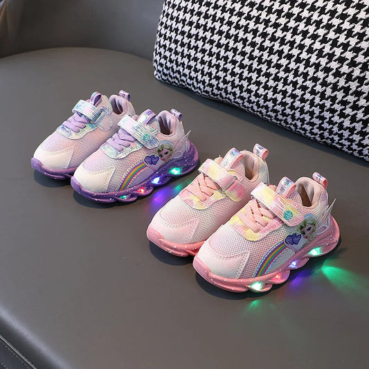 Disney Girl's Casual Shoes Mesh Pink Sport LED Light Breathable Sneakers Comfortable Frozen Children's Pink Purple Shoes Size 35 SHOWLU FASHION STORE