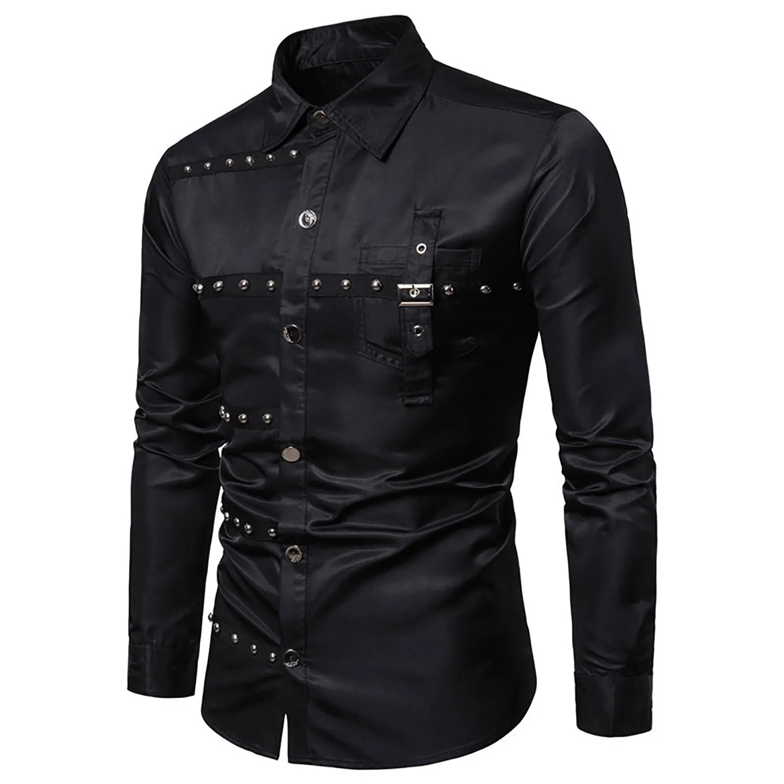 Gothic Studded Men'S Long Sleeve Shirt Halloween Medieval Belt Black Shirt Classic Vintage Party Performance Men'S Clothing SHOWLU FASHION STORE