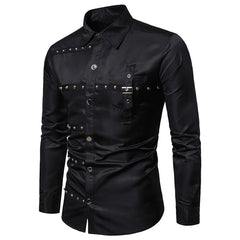 Gothic Studded Men'S Long Sleeve Shirt Halloween Medieval Belt Black Shirt Classic Vintage Party Performance Men'S Clothing SHOWLU FASHION STORE