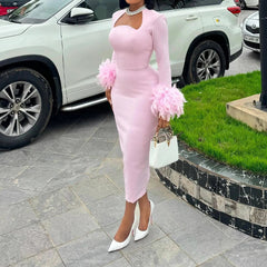BKLD New Arrival Women Sexy High Waisted Long Sleeve Feather Trim Split Bandage Dress OL 2024 Elegant Evening Club Party Dresses SHOWLU FASHION STORE