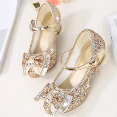 Princess Kids Leather Shoes for Girls Flower Casual Glitter Children High Heel Girls Shoes Butterfly Knot Gold Silver SHOWLU FASHION STORE