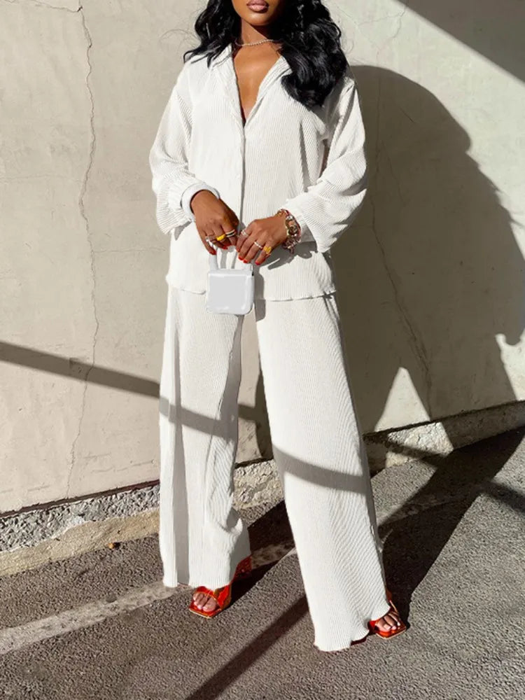 QFAF Fashion Pleated Women's Set Long Sleeve Oversized Shirt and Wide Leg Pants 2023 Elegant Tracksuit Two 2 Piece Set Outfits SHOWLU FASHION STORE