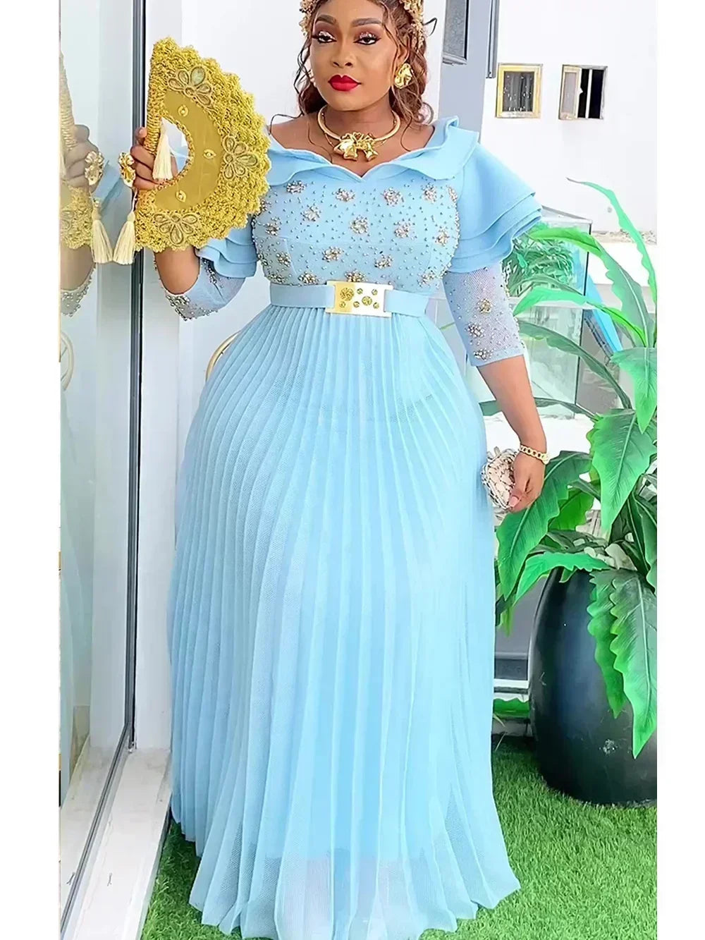 Elegant Women Party Evening Dresses Long Sleeve Pleated Maxi Robe African Dashiki Outfits Office Ladies Overalls Africa Clothing SHOWLU FASHION STORE