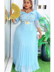 Elegant Women Party Evening Dresses Long Sleeve Pleated Maxi Robe African Dashiki Outfits Office Ladies Overalls Africa Clothing SHOWLU FASHION STORE