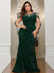 O Neck Illusion Long Sleeve Evening Party Dress Lace Flowers Sequin Mesh Floor Length Prom Gown Elegant Women Plus Size SHOWLU FASHION STORE