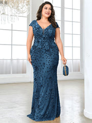 Lucyinlove Plus Size Elegant Blue Evening Dress For Women 2024 Luxury Long Mermaid Formal Sequins V-neck Prom Wedding Party Gown SHOWLU FASHION STORE