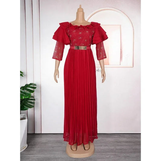 Elegant Women Party Evening Dresses Long Sleeve Pleated Maxi Robe African Dashiki Outfits Office Ladies Overalls Africa Clothing SHOWLU FASHION STORE