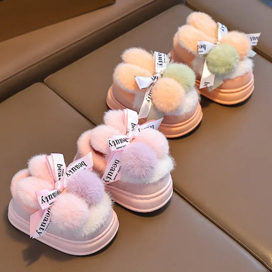 Winter Children Home Slippers Cover Heels Cute Hairball Girls Shoes Soft Non-slip Indoor Baby Boys Cotton Slippers Zapatos Niña