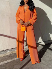 QFAF Fashion Pleated Women's Set Long Sleeve Oversized Shirt and Wide Leg Pants 2023 Elegant Tracksuit Two 2 Piece Set Outfits SHOWLU FASHION STORE