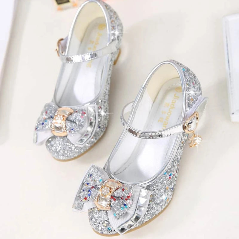 Princess Kids Leather Shoes for Girls Flower Casual Glitter Children High Heel Girls Shoes Butterfly Knot Gold Silver SHOWLU FASHION STORE