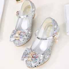 Princess Kids Leather Shoes for Girls Flower Casual Glitter Children High Heel Girls Shoes Butterfly Knot Gold Silver SHOWLU FASHION STORE
