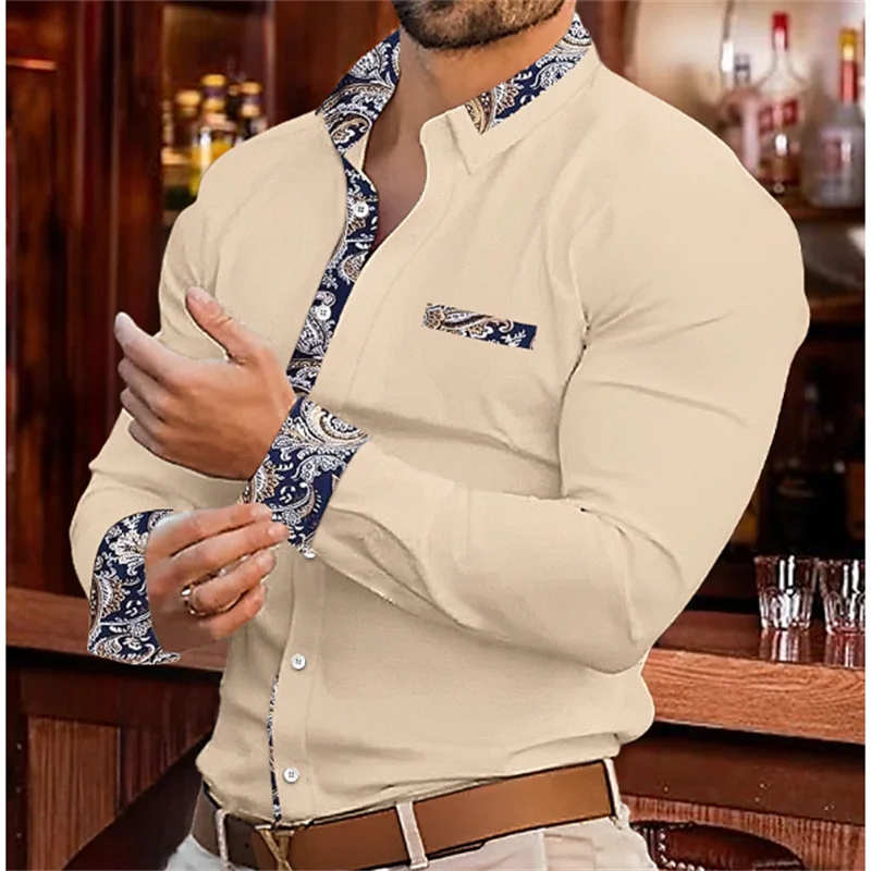 Men's Shirt Button Up Casual Shirt Long Sleeve Line Patchwork Shirt Everyday Resort Wear Casual Comfort Casual Elegant Plus Size SHOWLU FASHION STORE