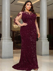 O Neck Illusion Long Sleeve Evening Party Dress Lace Flowers Sequin Mesh Floor Length Prom Gown Elegant Women Plus Size SHOWLU FASHION STORE