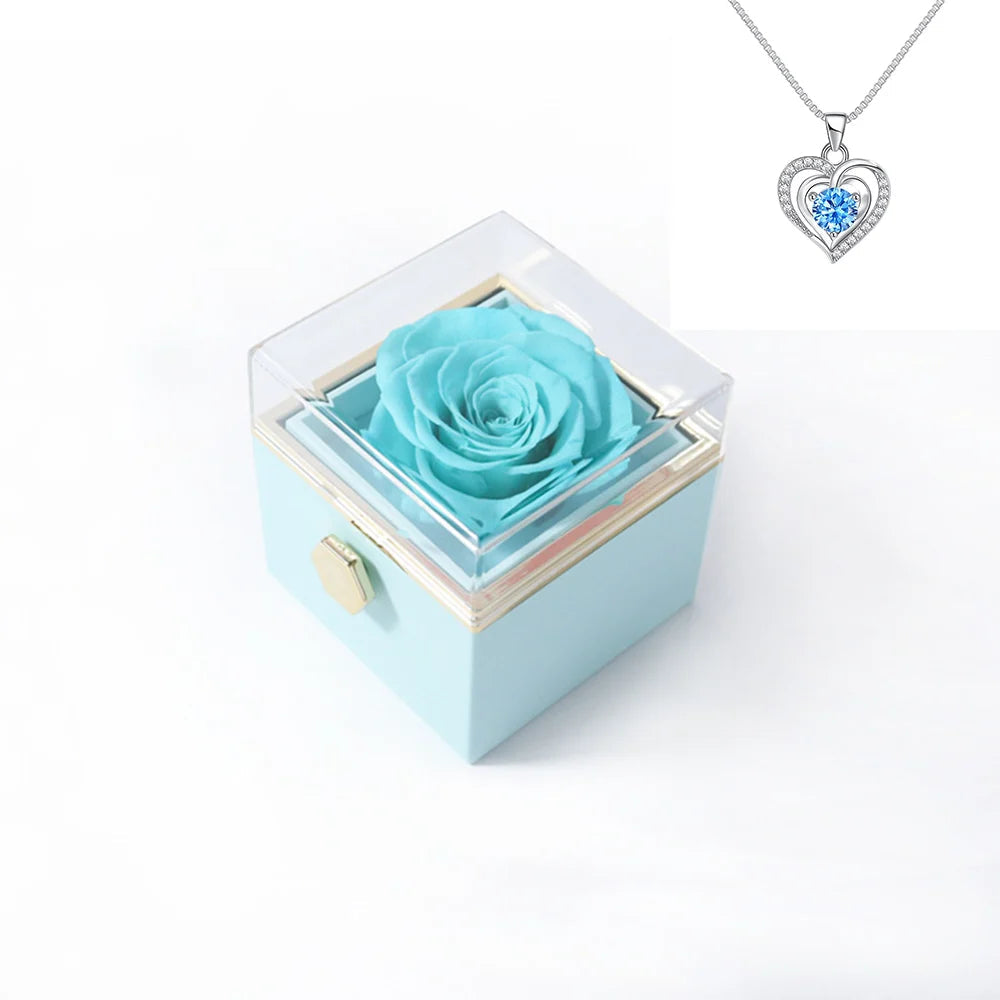 Rotating Rose Gift Box Acrylic Ring Necklace Preserved Flower Jewelry Box For Girlfriend Mother Valentine's Day Christmas Gifts SHOWLU FASHION STORE