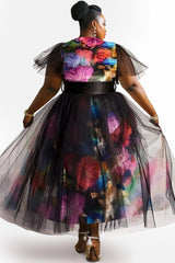 Women Plus Size Dress Elegant Black Floral Autumn Fashion Round Neck Short Sleeve Wedding Guest Contrast Mesh Two Piece Dress SHOWLU FASHION STORE