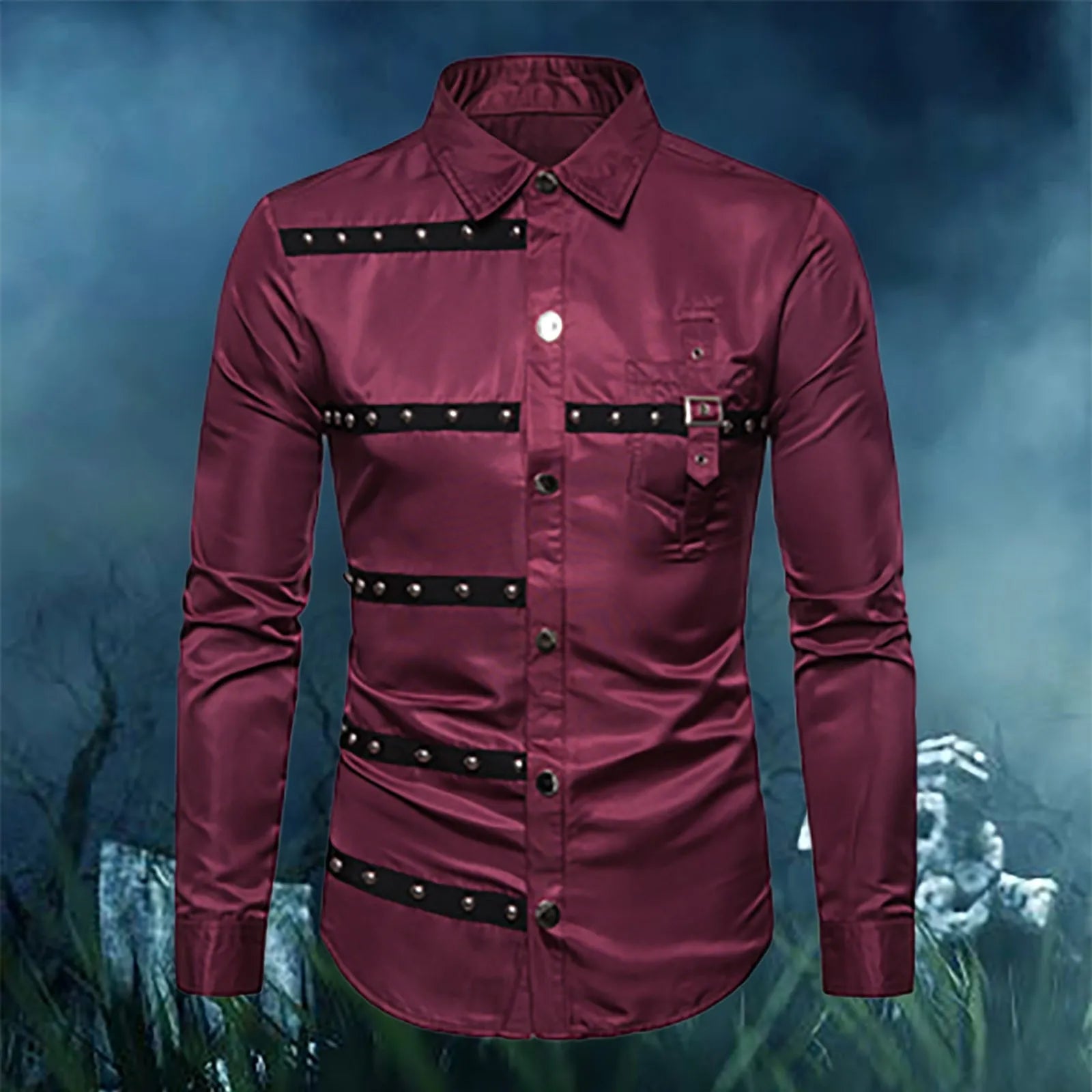 Gothic Studded Men'S Long Sleeve Shirt Halloween Medieval Belt Black Shirt Classic Vintage Party Performance Men'S Clothing SHOWLU FASHION STORE