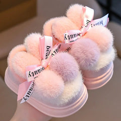 Winter Children Home Slippers Cover Heels Cute Hairball Girls Shoes Soft Non-slip Indoor Baby Boys Cotton Slippers Zapatos Niña SHOWLU FASHION STORE