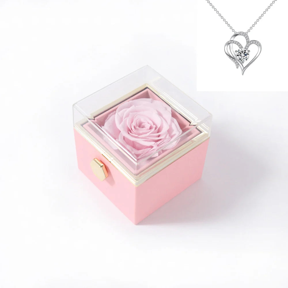 Rotating Rose Gift Box Acrylic Ring Necklace Preserved Flower Jewelry Box For Girlfriend Mother Valentine's Day Christmas Gifts SHOWLU FASHION STORE