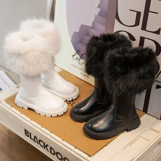 Girls High Boots Thick Warm Plush Fur Beige Black Side Zipper Fashion Children Leather Long Boots Kids Winter Boots 2024 New SHOWLU FASHION STORE