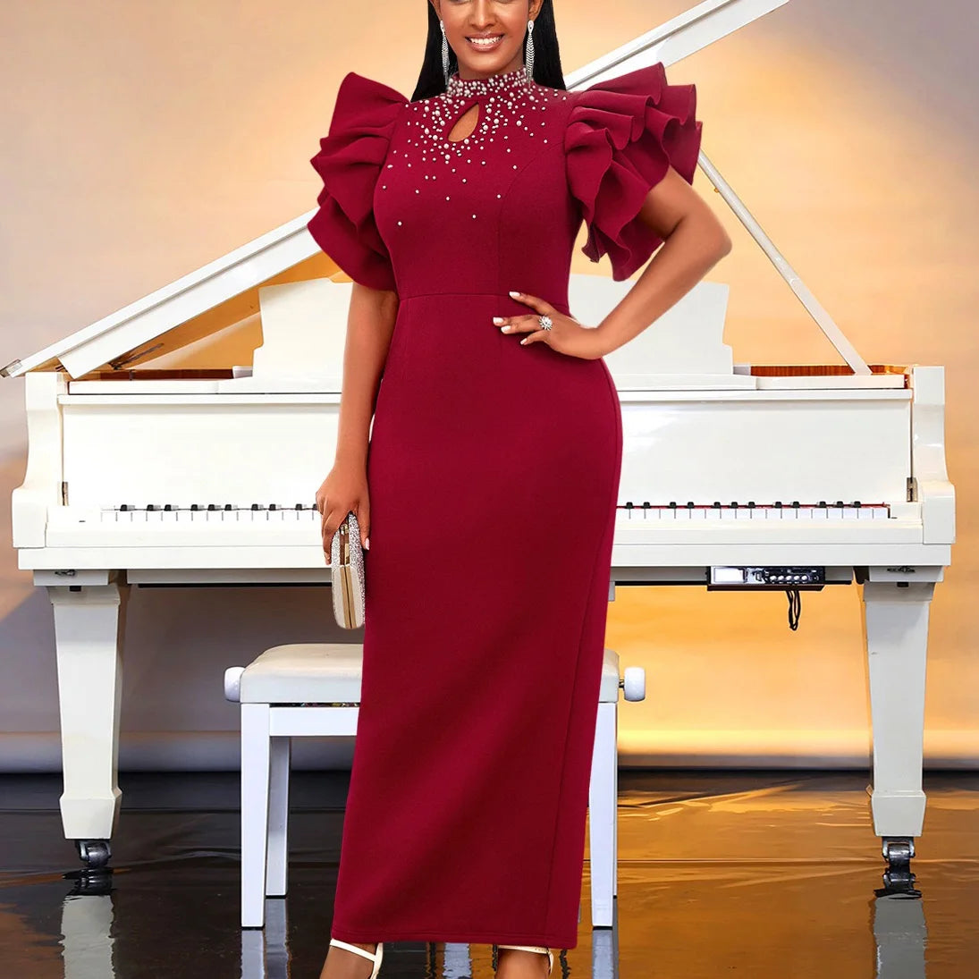 Luxury Party Dresses for Women O Neck Ruffles Sleeve Beaded Sheath Package Hips Ankle Length Elegant Birthday Dinner Vestidos SHOWLU FASHION STORE