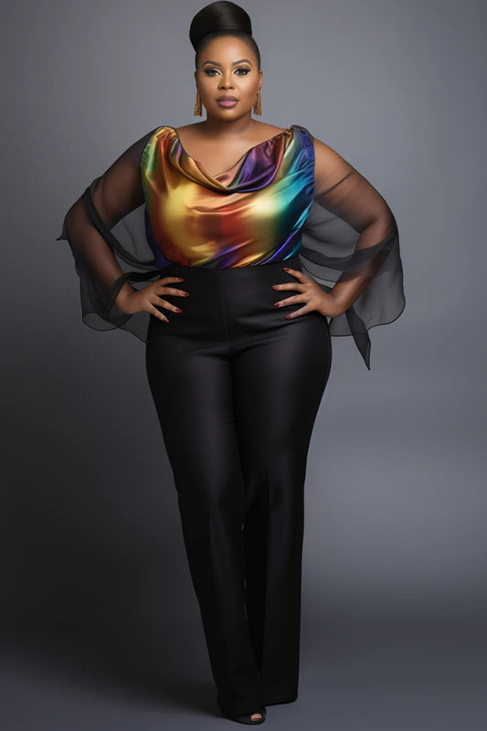 Women Plus Size Business Casual Multicolor Gradient Cowl Neck Batwing Sleeve Long Sleeve See Through Ruffled Fold Chiffon Blouse SHOWLU FASHION STORE