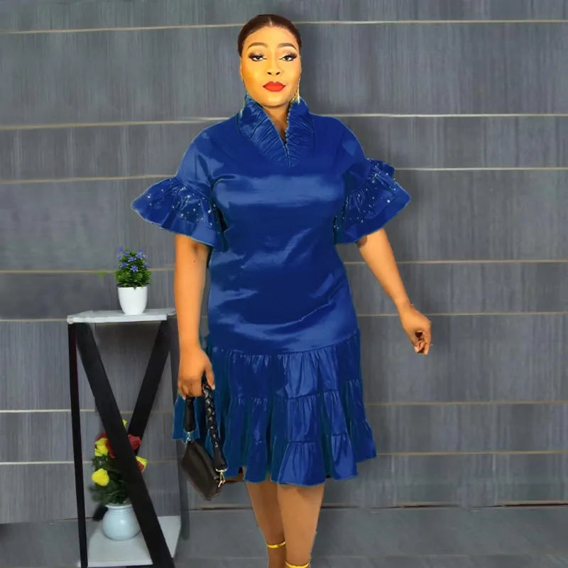 2024 New European and American  African Women Plus Size Five-point Sleeve Pleated Ruffled Dress African Clothes for Women SHOWLU FASHION STORE