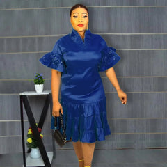 2024 New European and American  African Women Plus Size Five-point Sleeve Pleated Ruffled Dress African Clothes for Women SHOWLU FASHION STORE