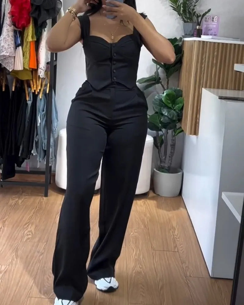 Elegant Women 2 Piece Thick Strap Button Front Slim Fit Tank Top and High Waist Wide Leg Pants Casual Outfit Set SHOWLU FASHION STORE