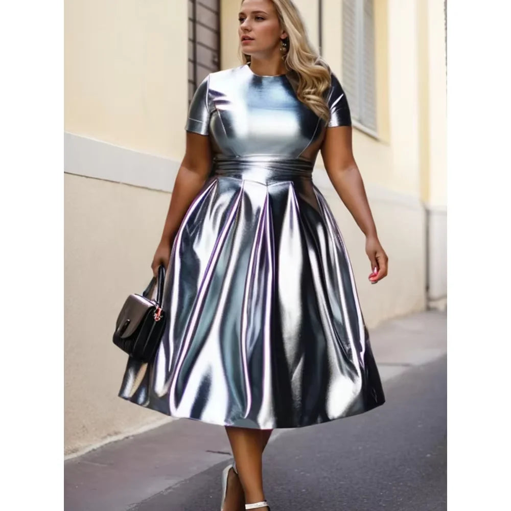 Plus Size Women Party Midi Dress Elegant Round Neck Short Sleeve Folded A-Line Metallic Glitter Fabric Midi Dresses For Summer SHOWLU FASHION STORE