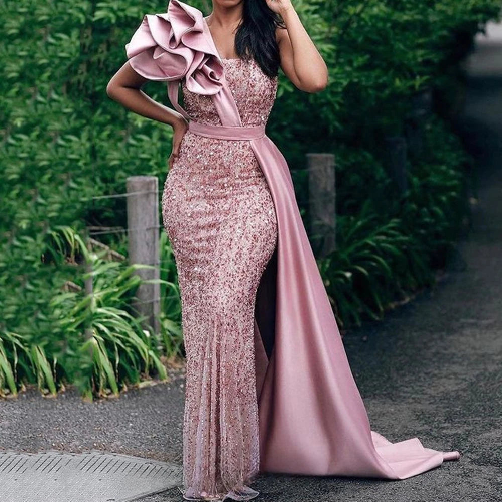Elegant One Shoulder Sequin Prom Dresses Aso Ebi Style African Women Mermaid Evening Dress Plus Size Glitter Long Party Gowns SHOWLU FASHION STORE