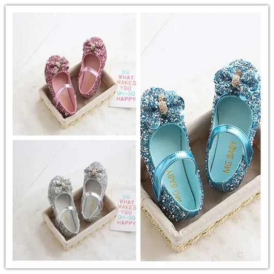 Fashion Girls Shoes Kids Flats Shoes Sequins Rhinestone Princess With Butterfly-Knot Flats Shoes For Students