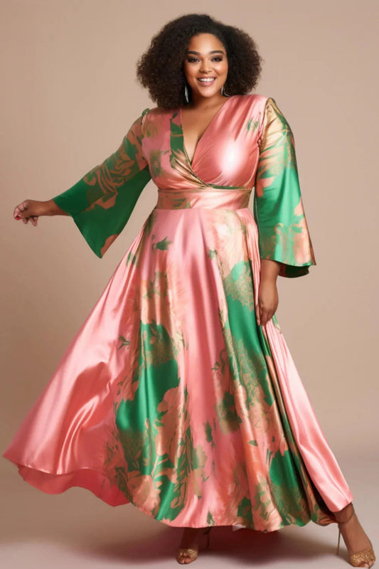 Women‘s Plus Size Satin Dress Vacation Elegant Pink Colorblock Flare Long Sleeve Wedding Guest V-Neck Maxi Dresses SHOWLU FASHION STORE