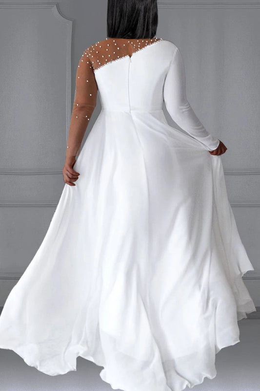 Plus Size Women's Wedding Party Dress White Round Neck Long Sleeve Split Pearls Maxi Dresses One Shoulder Elegant New Dress SHOWLU FASHION STORE